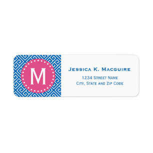 Blue Greek Key Pattern Pink Monogram Frame Label