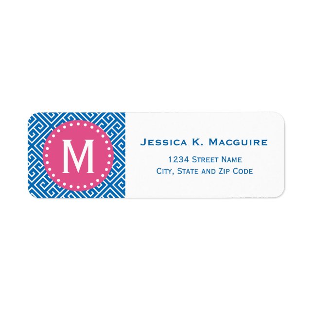 Blue Greek Key Pattern Pink Monogram Frame Label (Front)