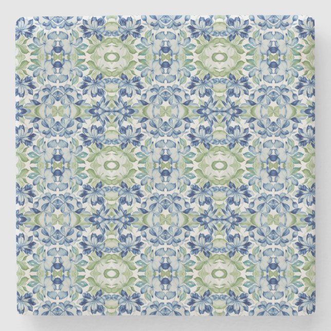 Blue Greem BOHO Floral pattern Stone Coaster (Front)