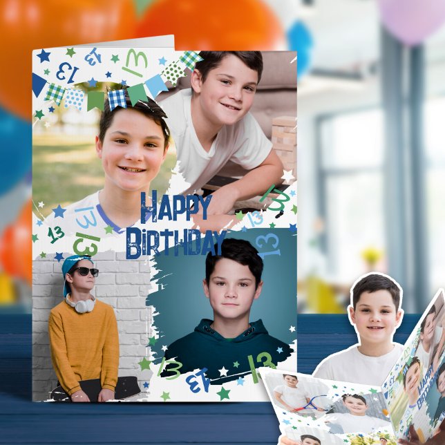 Blue Green 8 Photos Collage Boy Happy Birthday Card (Creator Uploaded)
