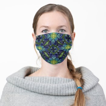 Blue & Green Abstract Floral Stained Glass Pattern Adult Cloth Face Mask by skellorg at Zazzle
