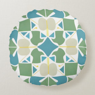 Blue Green Abstract Geometry For Modern Spaces Round Pillow