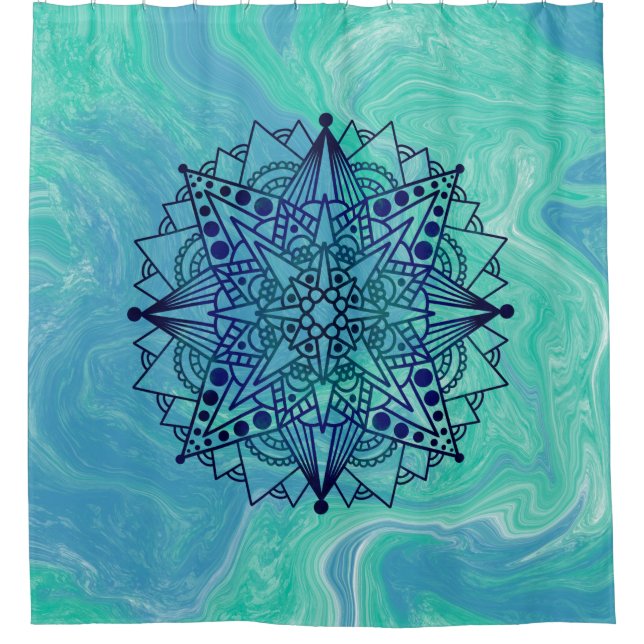 Blue Green Abstract Mandala Zen Shower Curtain (Front)