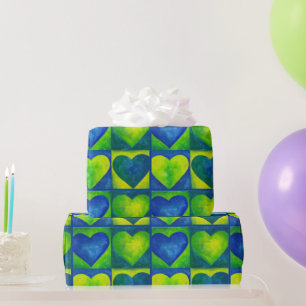 Blue Green Abstract Painted Watercolor Hearts Wrapping Paper