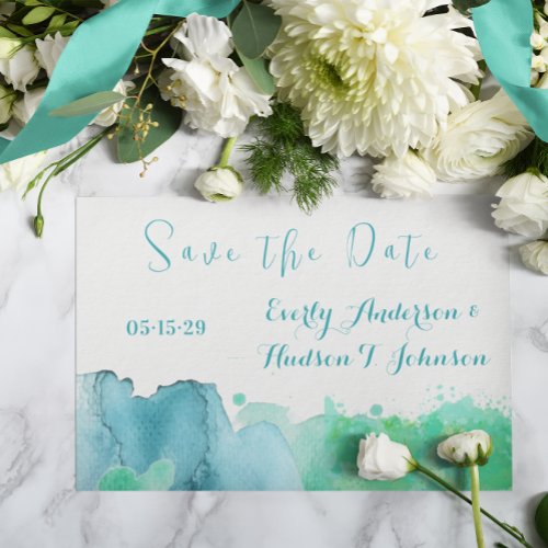 Blue Green Abstract Watercolor Save the Date Invitation