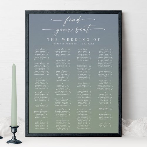 Blue  Green Alphabetical Wedding Seating Chart