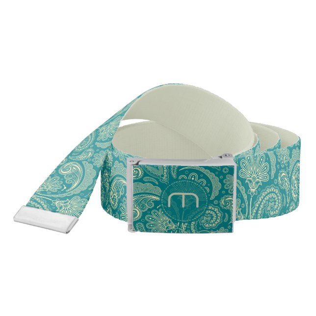 Blue-Green And Beige Creme Vintage Paisley Belt (Snake)