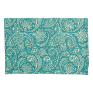Blue-Green And Beige Creme Vintage Paisley Pillow Case
