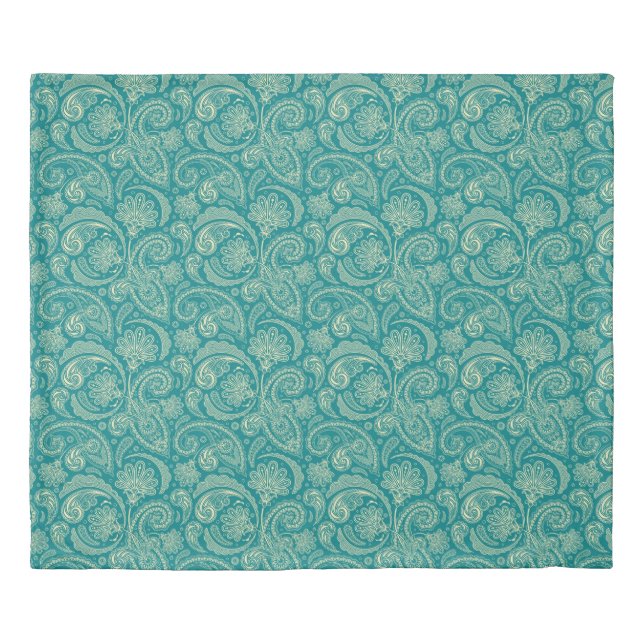 Blue-Green And Beige Floral Paisley Pattern Duvet Cover (Front)
