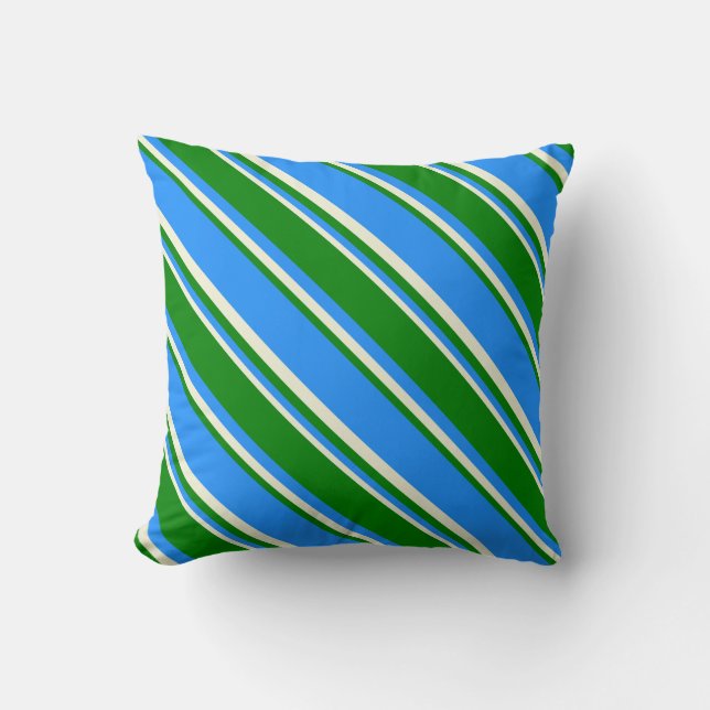 Blue, Green, and Beige Lines Pattern Throw Pillow (Front)