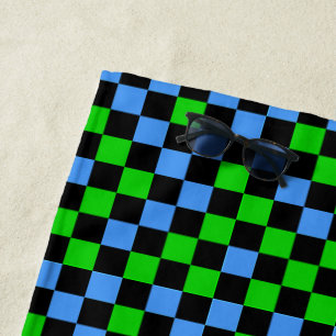 Blue Green And Black Checkered Pattern Beach Towel