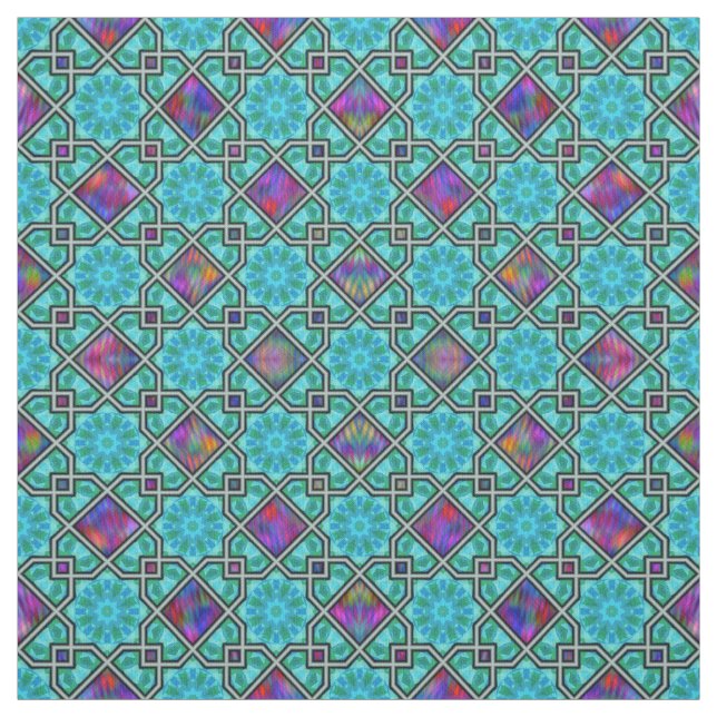 Blue Green and Bright Islamic Style Pattern Fabric (Swatch)