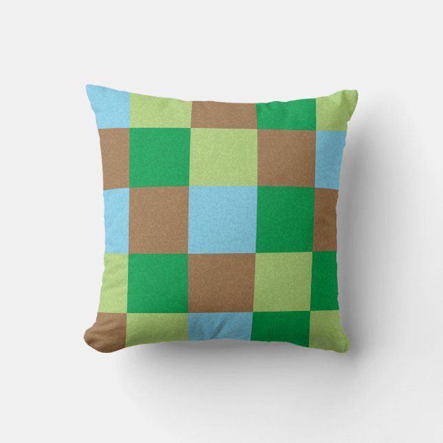 Blue green and brown squares pattern throw pillow (Front)