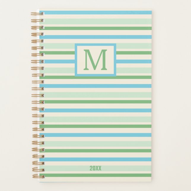 Blue Green And Cream Stripes Monogram Year Planner (Front)