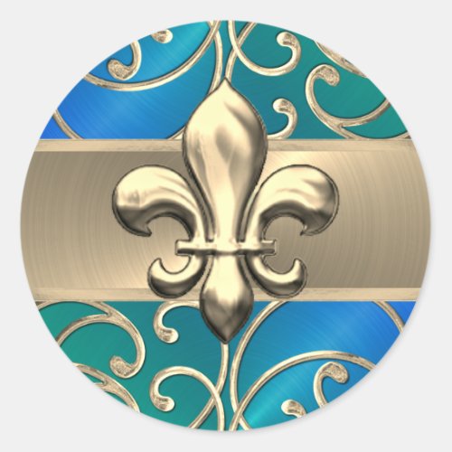 Blue Green and Gold Filigree Swirls Fleur de Lis Classic Round Sticker