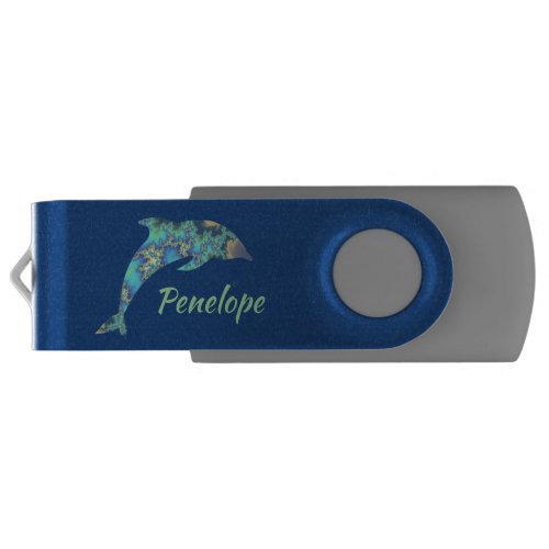 Blue Green and Gold Fractal Dolphin with Your Name Flash Drive