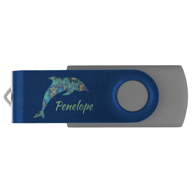 Blue Green and Gold Fractal Dolphin with Your Name Flash Drive (Back)