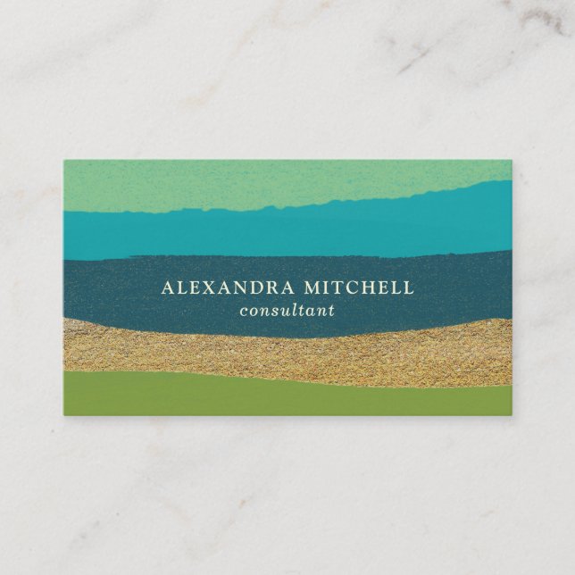 Blue Green and Gold | Glam Abstract Stripes Business Card (Front)