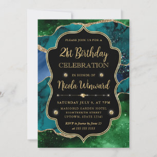 Blue, Green and Gold Glitter Agate Frame Birthday Invitation