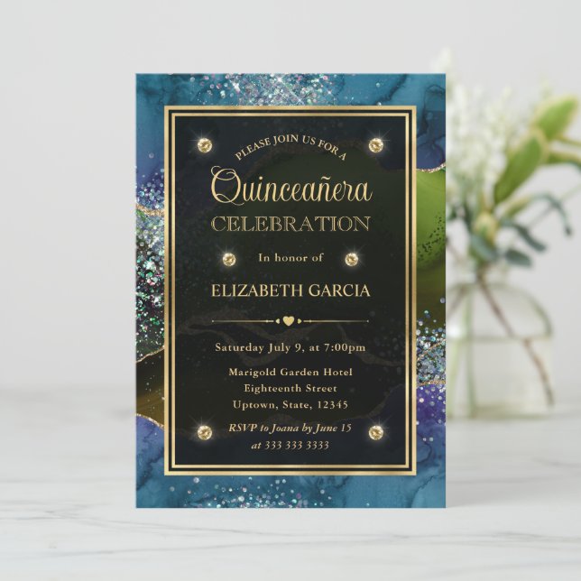 Blue, Green and Gold Glitter Agate Quinceanera Invitation (Standing Front)