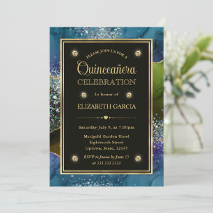 Blue, Green and Gold Glitter Agate Quinceanera Invitation