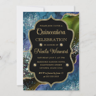 Blue, Green and Gold Glitter Agate Quinceanera Invitation