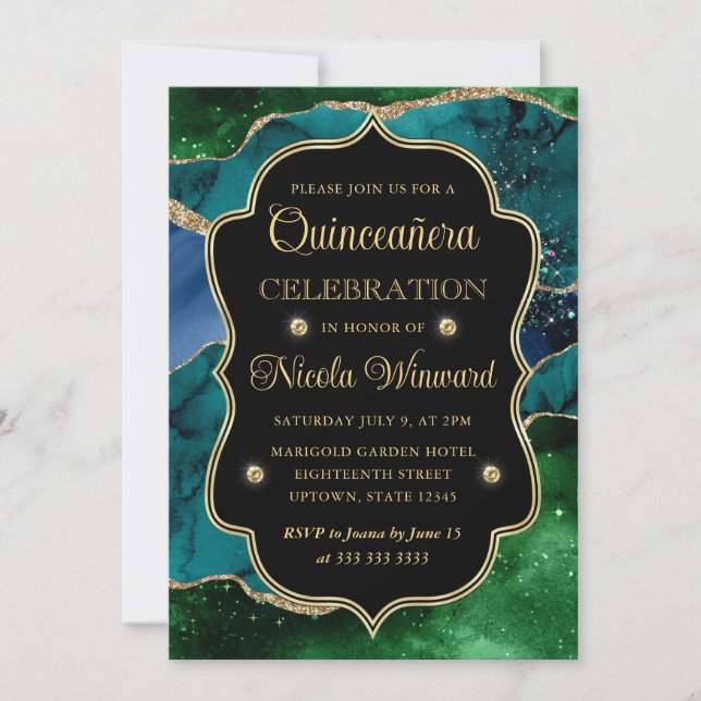 Blue, Green and Gold Glitter Agate Quinceanera Invitation (Front)