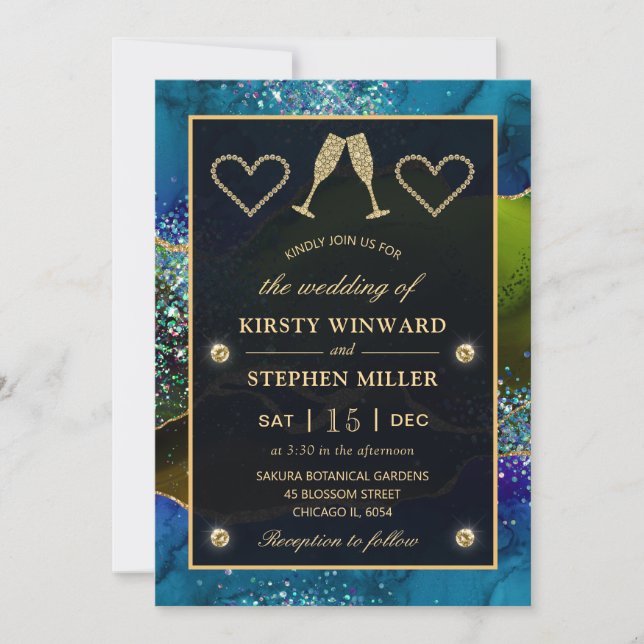 Blue, Green and Gold Glitter Peacock Agate Wedding Invitation (Front)