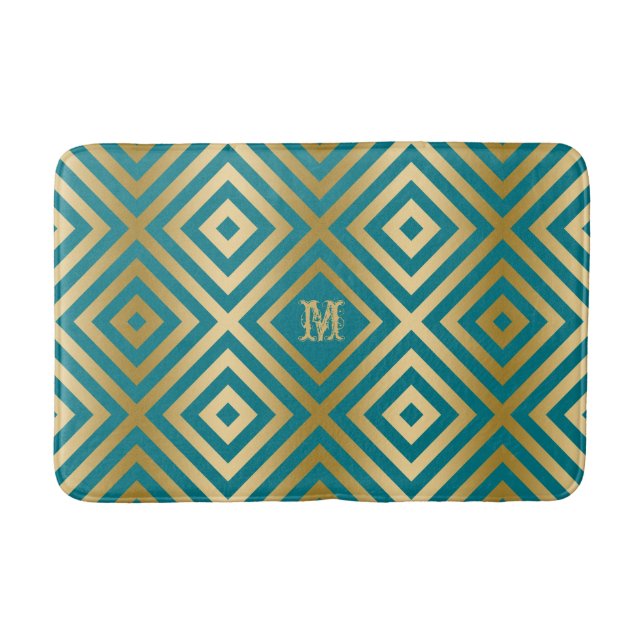 Blue-Green And Gold Modern Geometric Pattern Bathroom Mat (Front)