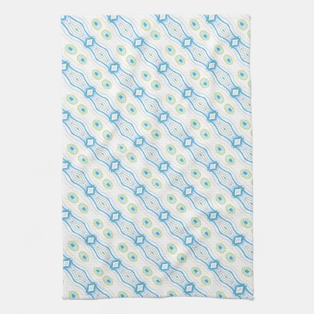 Blue Green and Gold Patterned Kitchen Towel (Vertical)
