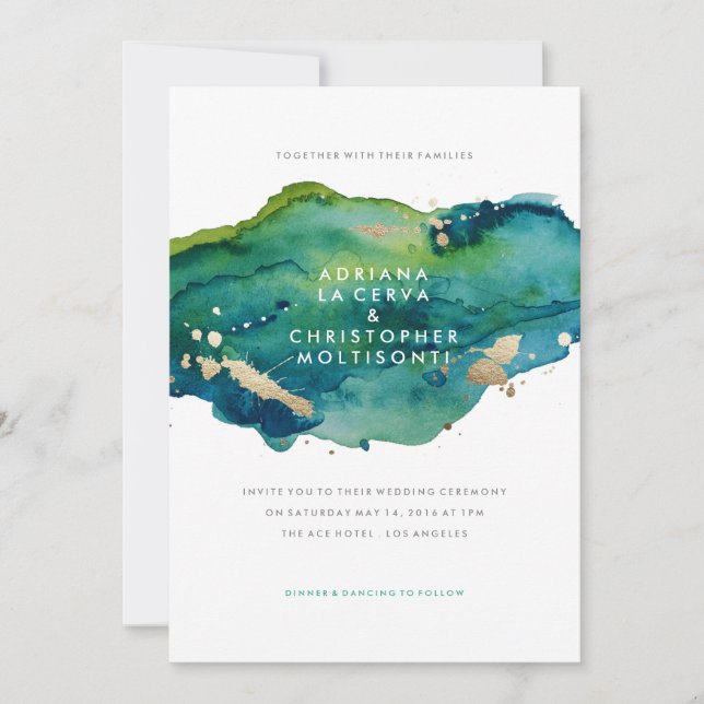 Blue Green and Gold Splatter Wedding Invitation (Front)