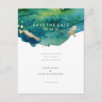 Blue Green And Gold Splatter Wedding Save The Date by spinsugar at Zazzle