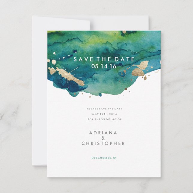 Blue Green and Gold Splatter Wedding Save the Date (Front)