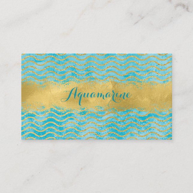 Blue Green and Gold Waves Ocean Business Card (Front)