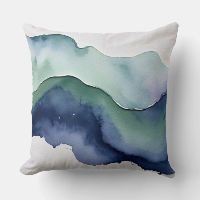 Blue, green and ivory watercolor throw pillow (Front)