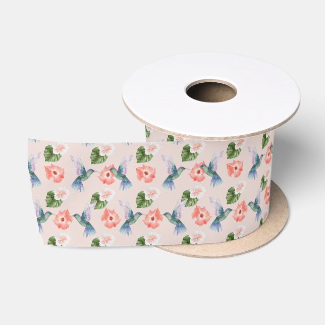 Blue Green and Pink Hibiscus and Hummingbird  Satin Ribbon (Spool)