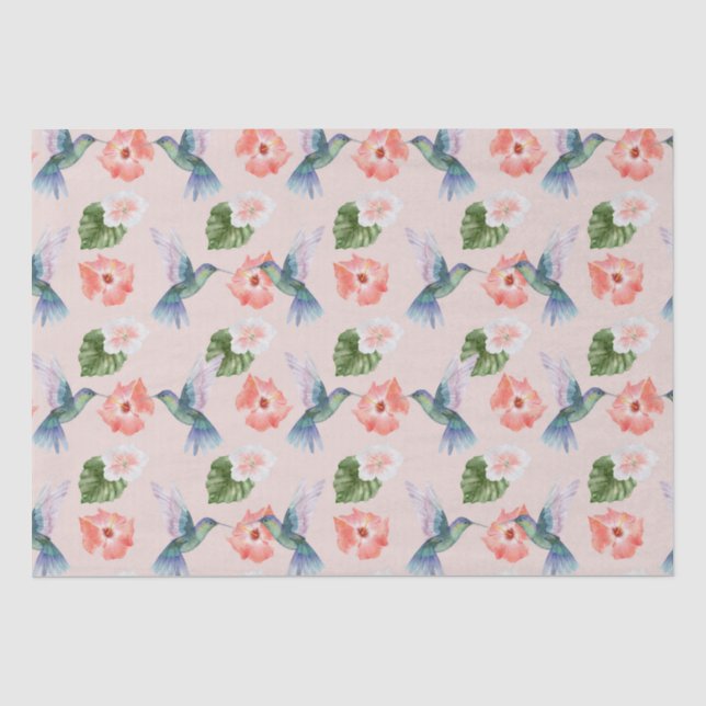 Blue Green and Pink Hibiscus and Hummingbird  Tissue Paper (Front)