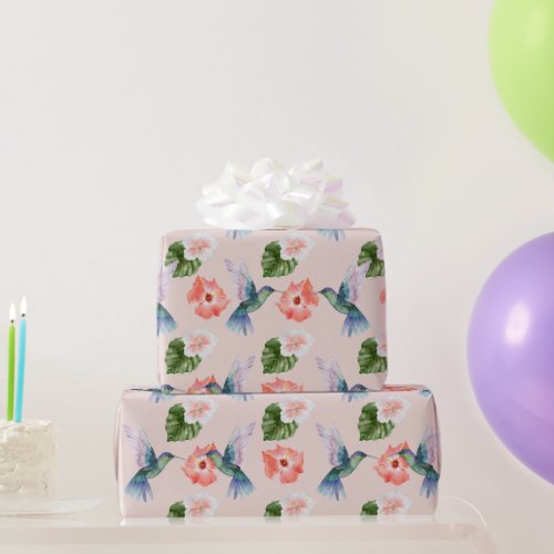 Blue Green and Pink Hibiscus and Hummingbird  Wrapping Paper