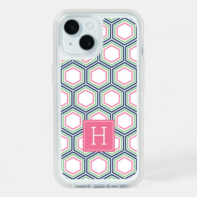 Blue Green and Pink Honeycomb Pattern Monogrammed iPhone 15 Case (Back (Blue))