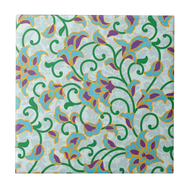 Blue Green And Purple Retro Floral Design Tile (Front)