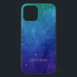 Blue Green and Purple Space Pattern Personalized  iPhone 12 Case<br><div class="desc">Trendy and elegant stars and space pattern in dark purple,  blue,  and green,  personalized with your name.</div>
