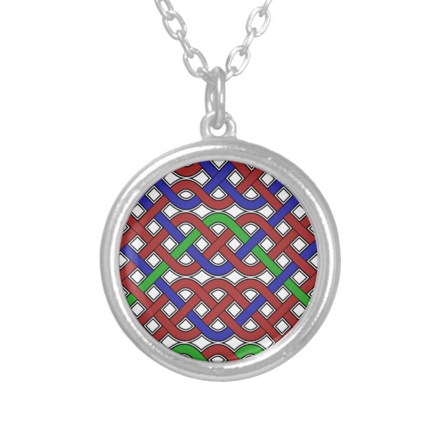 Blue, Green and Red Celtic Knots Silver Plated Necklace (Front)