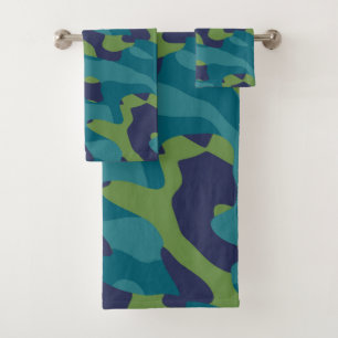 Blue Green and Teal Camo Abstract Bath Towel Set