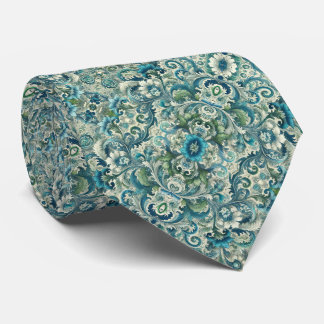 Blue, Green and Teal Floral & Swirl Pattern Neck Tie