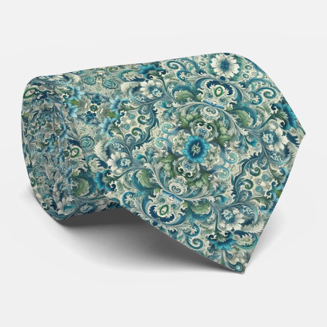 Blue, Green and Teal Floral & Swirl Pattern Neck Tie (Rolled)