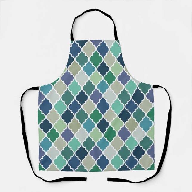 Blue, green and turquoise quatrefoil pattern apron (Front)