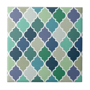 Blue, green and turquoise quatrefoil pattern ceramic tile