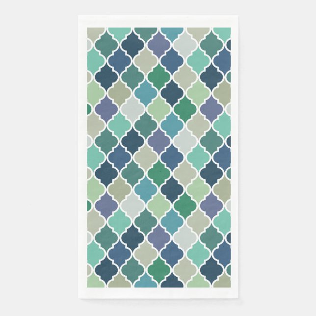 Blue, green and turquoise quatrefoil pattern paper guest towels (Front)