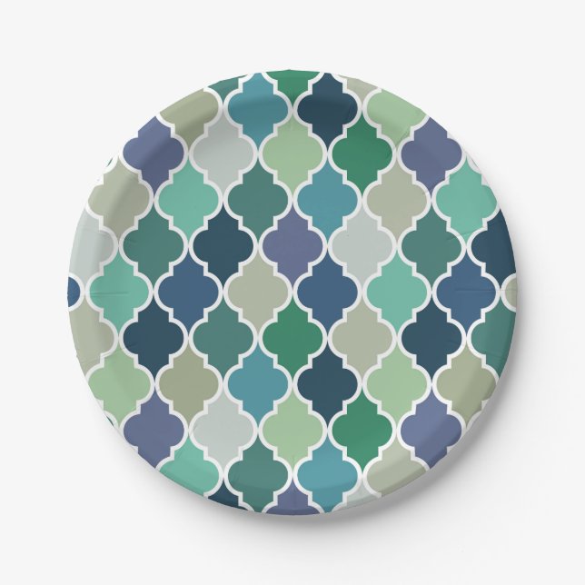 Blue, green and turquoise quatrefoil pattern paper plates (Front)
