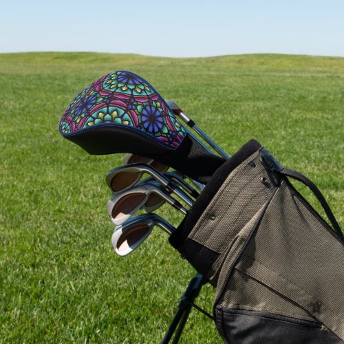 Blue green and violet mandala geometric design golf head cover